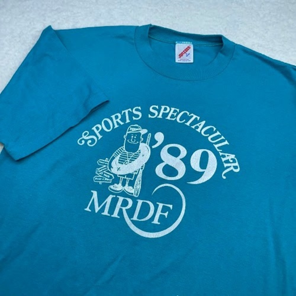 VTG 80s Jerzees Graphic T Shirt womens Teal Sports Spectacular 1989 MRDF‎